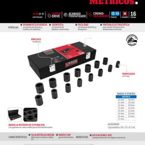 Juego de dados de impacto cuadro de 1/2", 6 puntas, en pulgadas, 19 piezas en caja Urrea