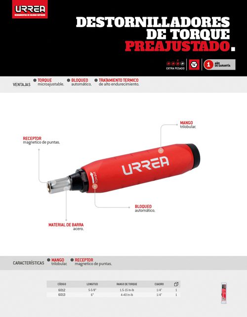Destornillador de torque preajustado con mango plástico cuadro de 1/4", 4-40 in-lb Urrea