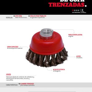 Carda copa trenzada alambre delgado 3" x 0.35 mm con rosca M14 Urrea