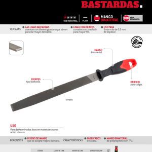 Lima plana bastarda con mango bimaterial 8" Urrea