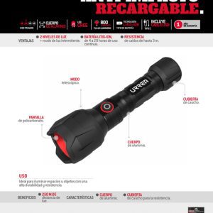 Linterna de LED anti-impacto recargable de 800 lm Urrea
