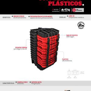 Juego de cajas portahta plástic con broches plásticos y charola ngo tapa rja 19"x10",15 pz Urrea