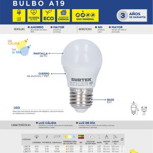 Lámpara de LED tipo bulbo A19, 11 W luz de día Surtek
