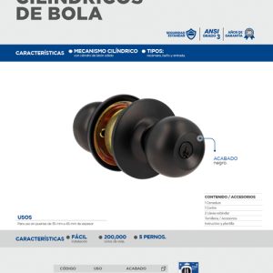 Pomo cilíndrico bola función baño, acero negro, llave estándar Prolok
