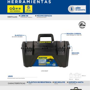 Caja portaherramientas plásticas con broches plásticos negro19" x 10" Surtek