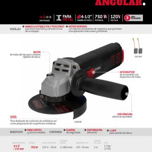 Mini esmeriladora angular 4-1/2" 750 W 120 V, 11000 RPM Urrea