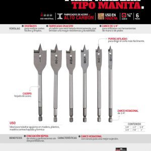 Juego de brocas para madera de acero al carbono tipo manita, 6 piezas Urrea