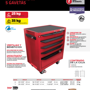 Gabinete móvil con 5 gavetas color rojo y negro 27" serie IN Urrea